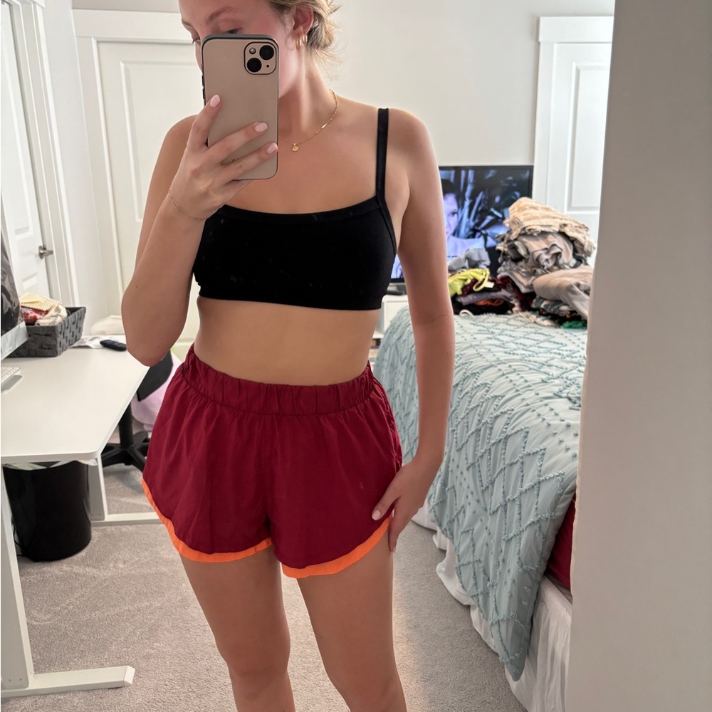 Free People Red and Orange Athletic Shorts with Curved Hem